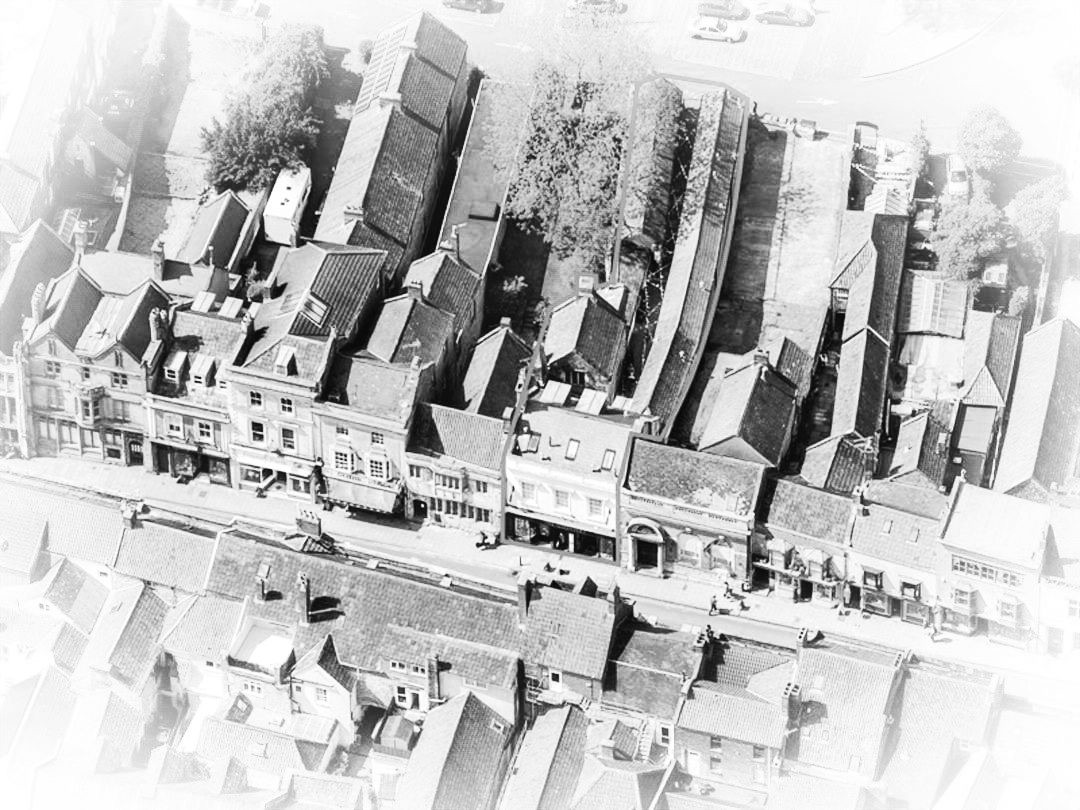 Glastonbury aerial view in black and white